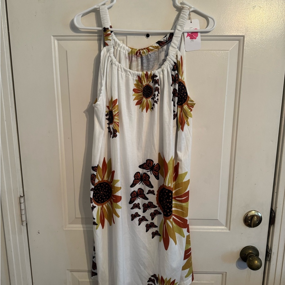 L'ATISTE White Midi Dress with Sunflower & Brown Accents